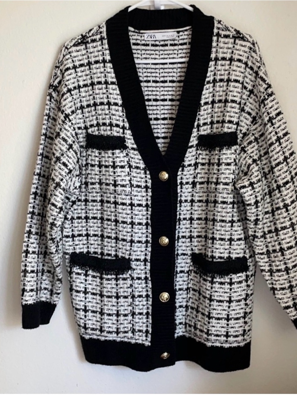 Zara Black and White Bouclé Cardigan with Gold Buttons